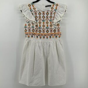 SHEIN White Colorful Embroidered Pom Pom Ruffle Dress Cotton Medium Boho Aztec